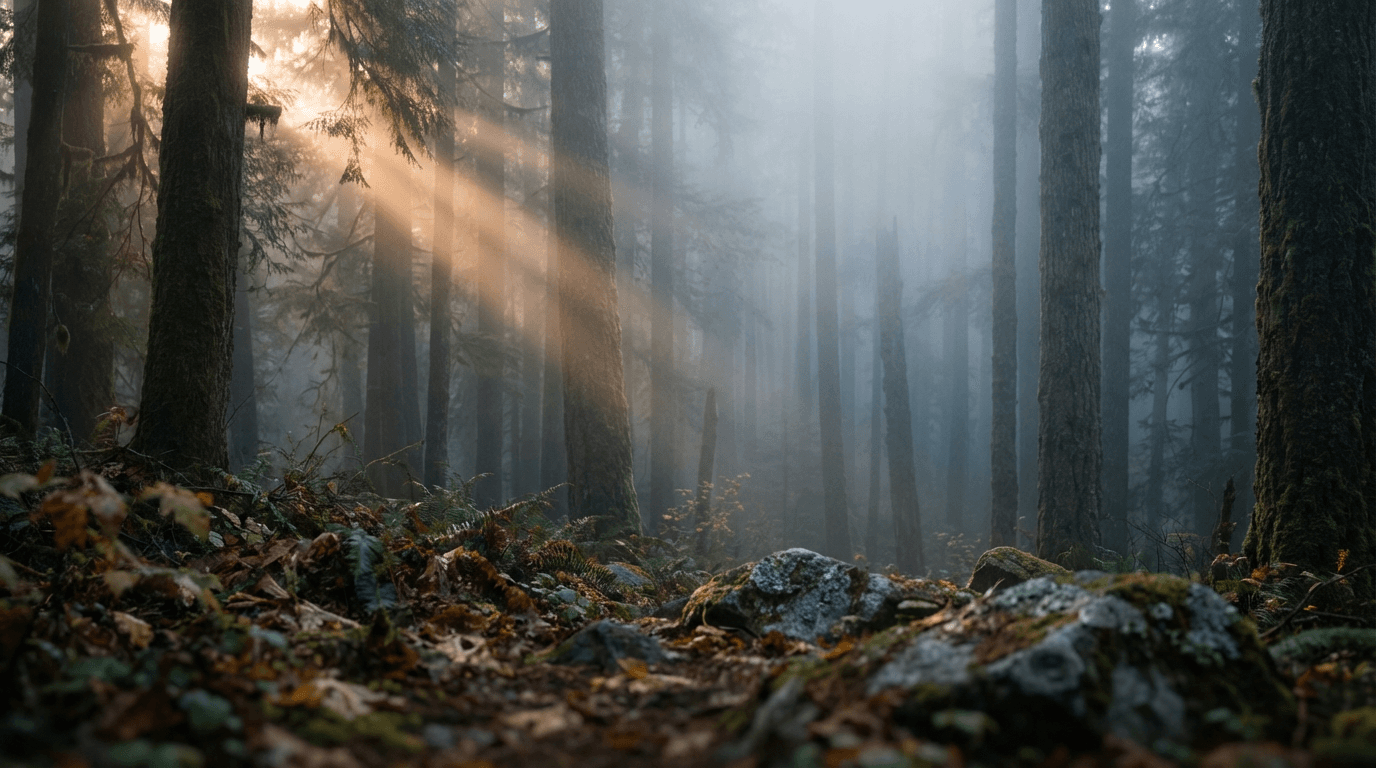 Misty forest interior with towering trees, golden light rays filtering through fog and canopy layers